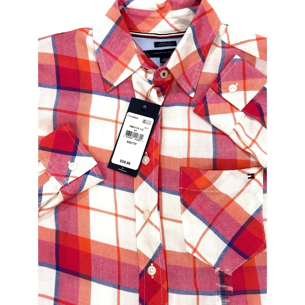 Tommy Hilfiger Flannel Shirt Women XXS Red Plaid Roll Tab Long Sleeve NWT